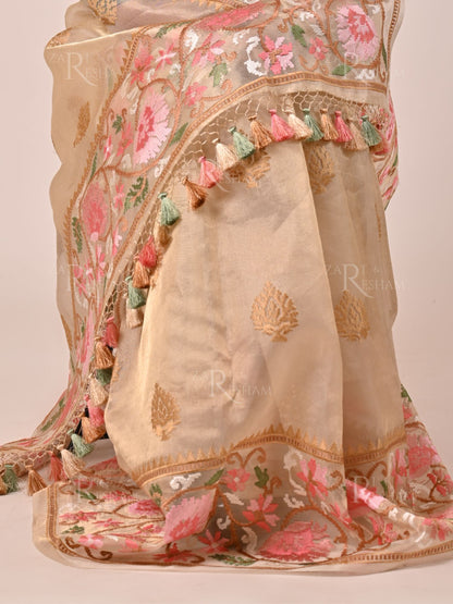 Pure Tissue Silk Saree with Floral Mina Embroidery Work - Gold (Natural)