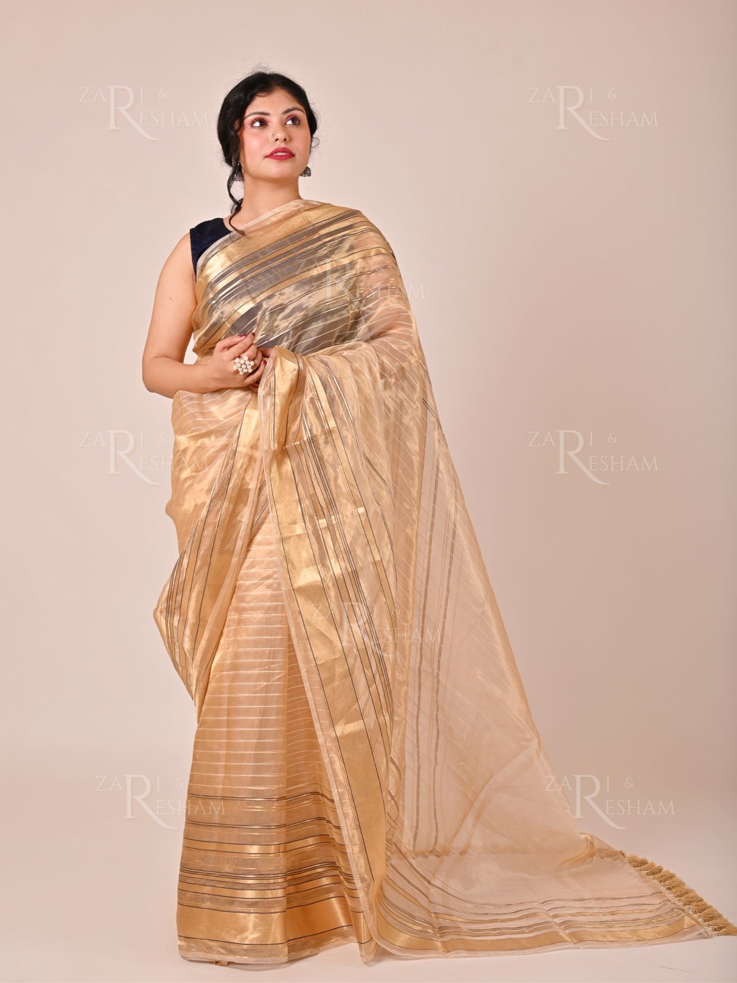 Pure Tissue Silk Sarees with Chinya Stripes - Gold (Natural)