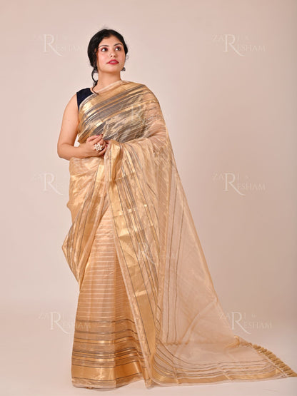 Pure Tissue Silk Sarees with Chinya Stripes - Gold (Natural)