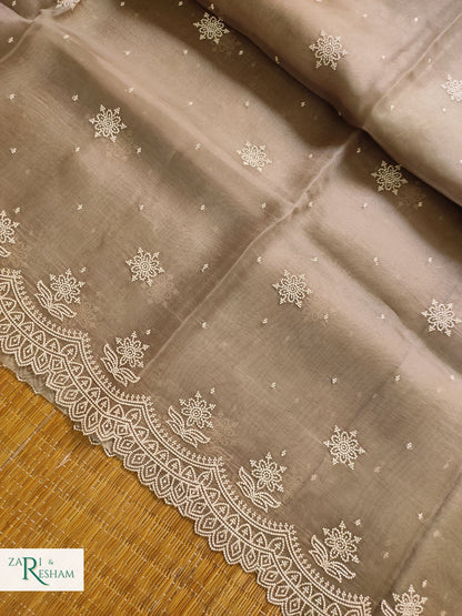 Pure Organza Silk Saree with Pearl Style Scalloped Edging Embroidery Work - M. Grey