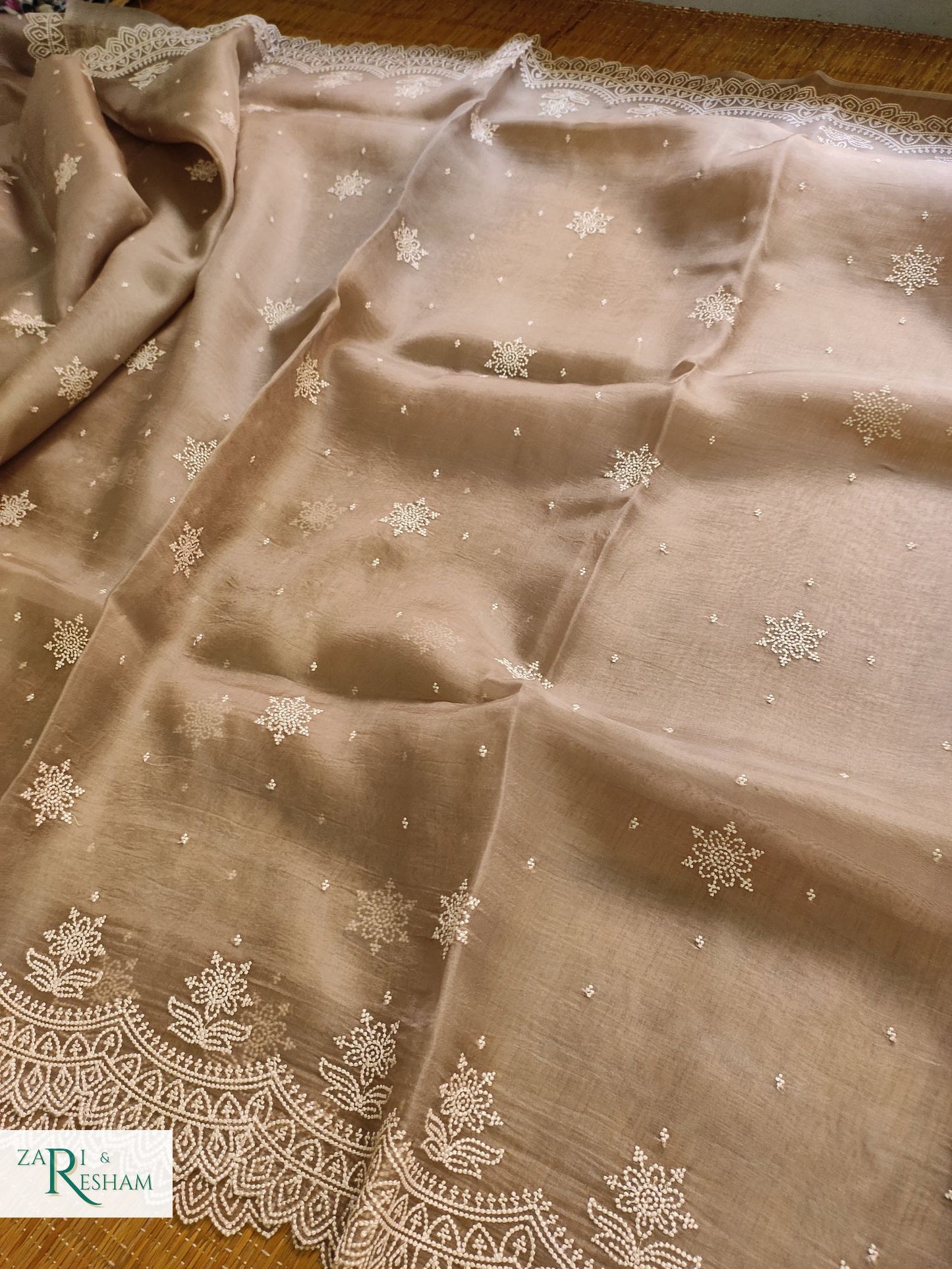 Pure Organza Silk Saree with Pearl Style Scalloped Edging Embroidery Work - M. Grey