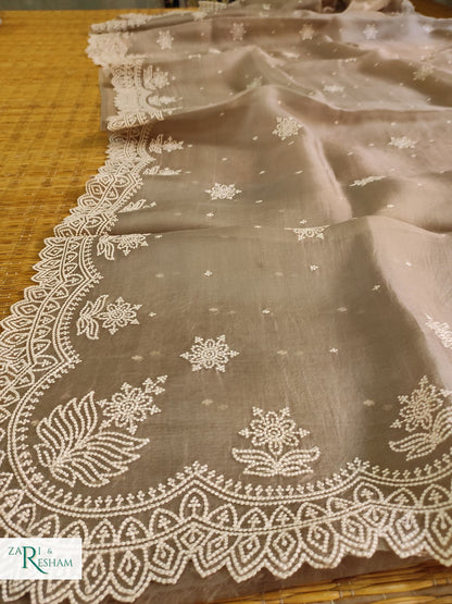 Pure Organza Silk Saree with Pearl Style Scalloped Edging Embroidery Work - M. Grey