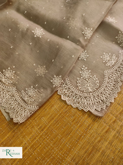 Pure Organza Silk Saree with Pearl Style Scalloped Edging Embroidery Work - M. Grey