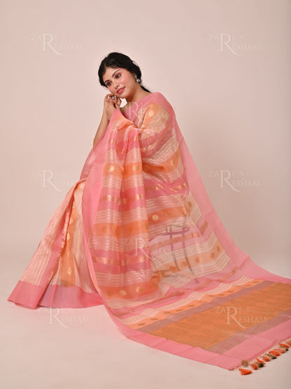 Pure Kora Handloom Kadhuwa Silk Saree with Satin Silk Border in Rangkat Dye - Pink