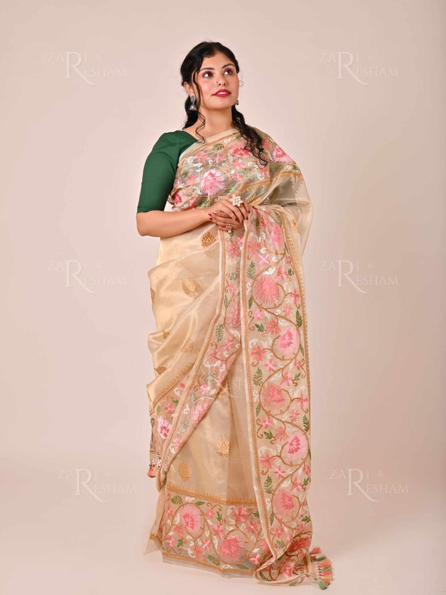 Pure Tissue Silk Saree with Floral Mina Embroidery Work - Gold (Natural)