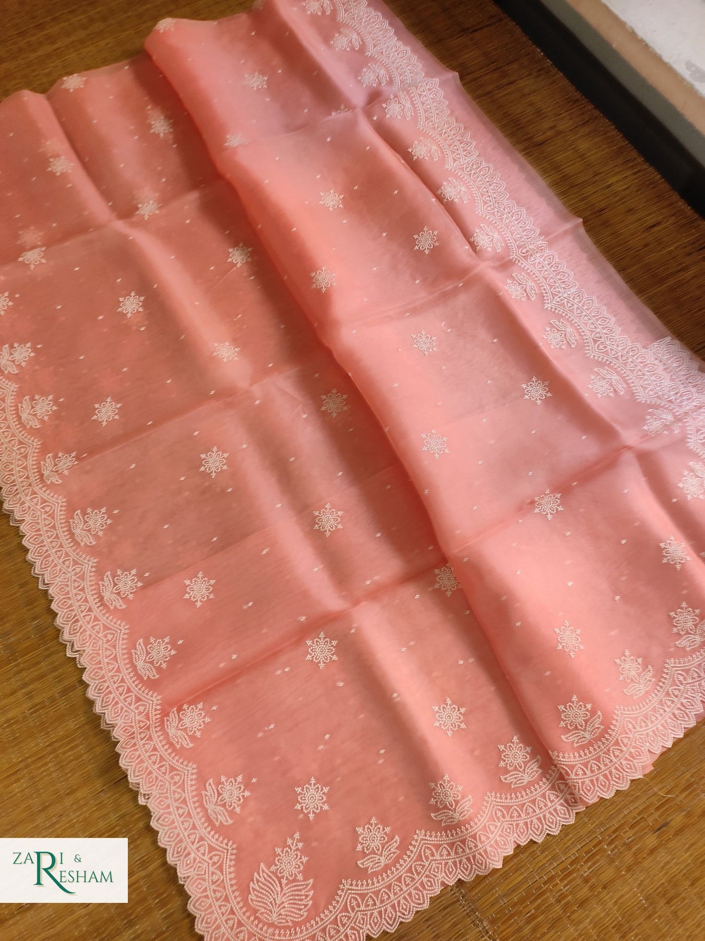 Pure Organza Silk Saree with Pearl Style Scalloped Edging Embroidery Work - Peach