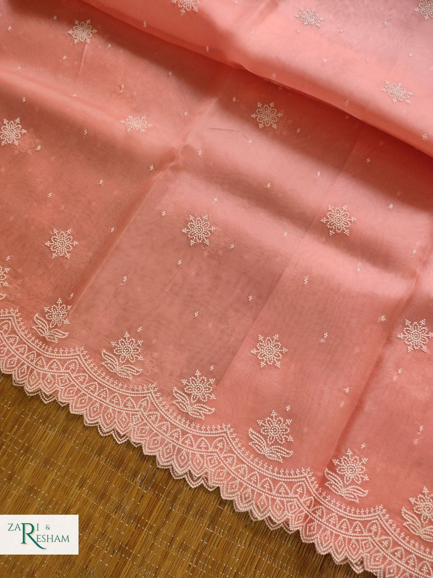 Pure Organza Silk Saree with Pearl Style Scalloped Edging Embroidery Work - Peach