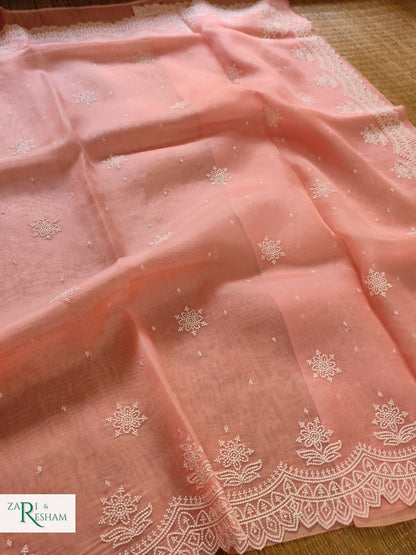 Pure Organza Silk Saree with Pearl Style Scalloped Edging Embroidery Work - Peach