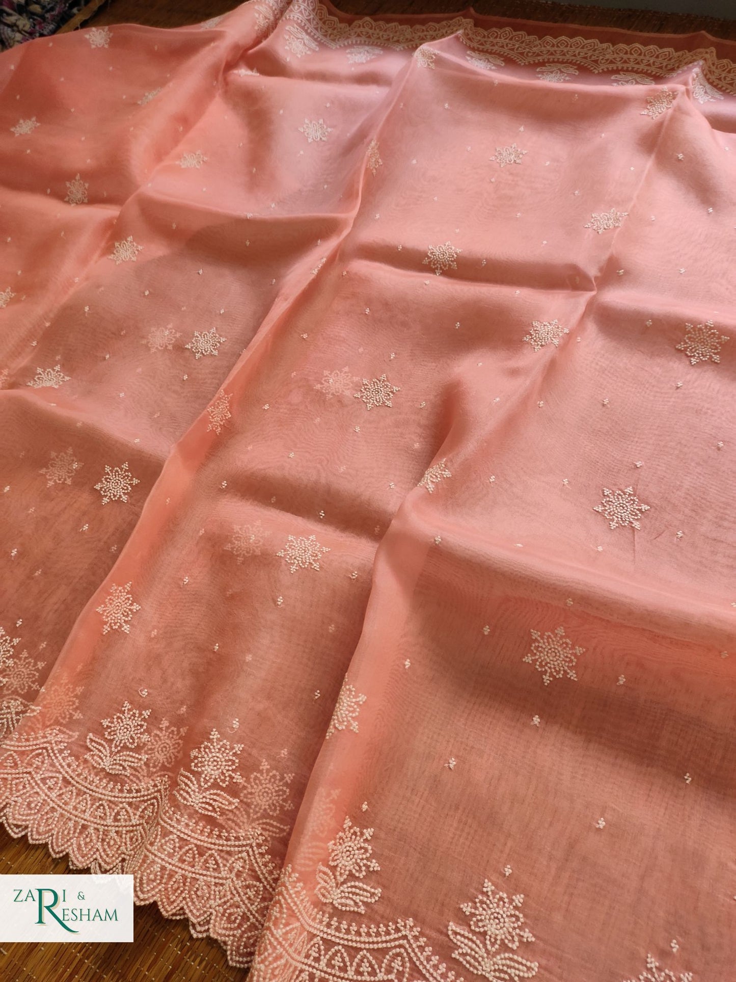 Pure Organza Silk Saree with Pearl Style Scalloped Edging Embroidery Work - Peach