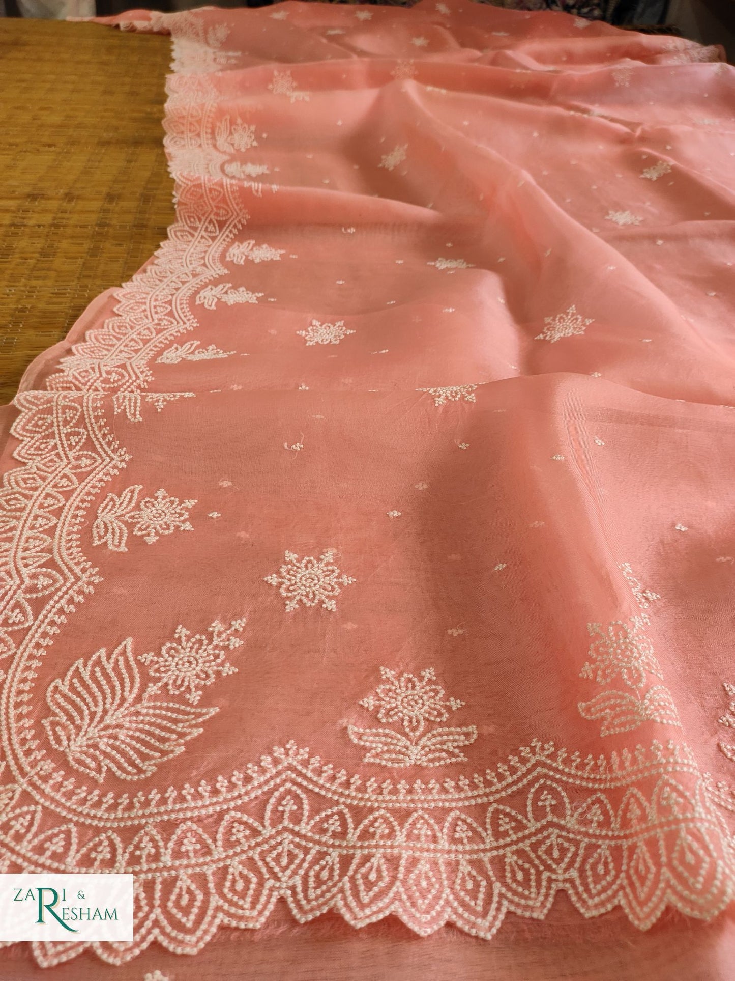 Pure Organza Silk Saree with Pearl Style Scalloped Edging Embroidery Work - Peach