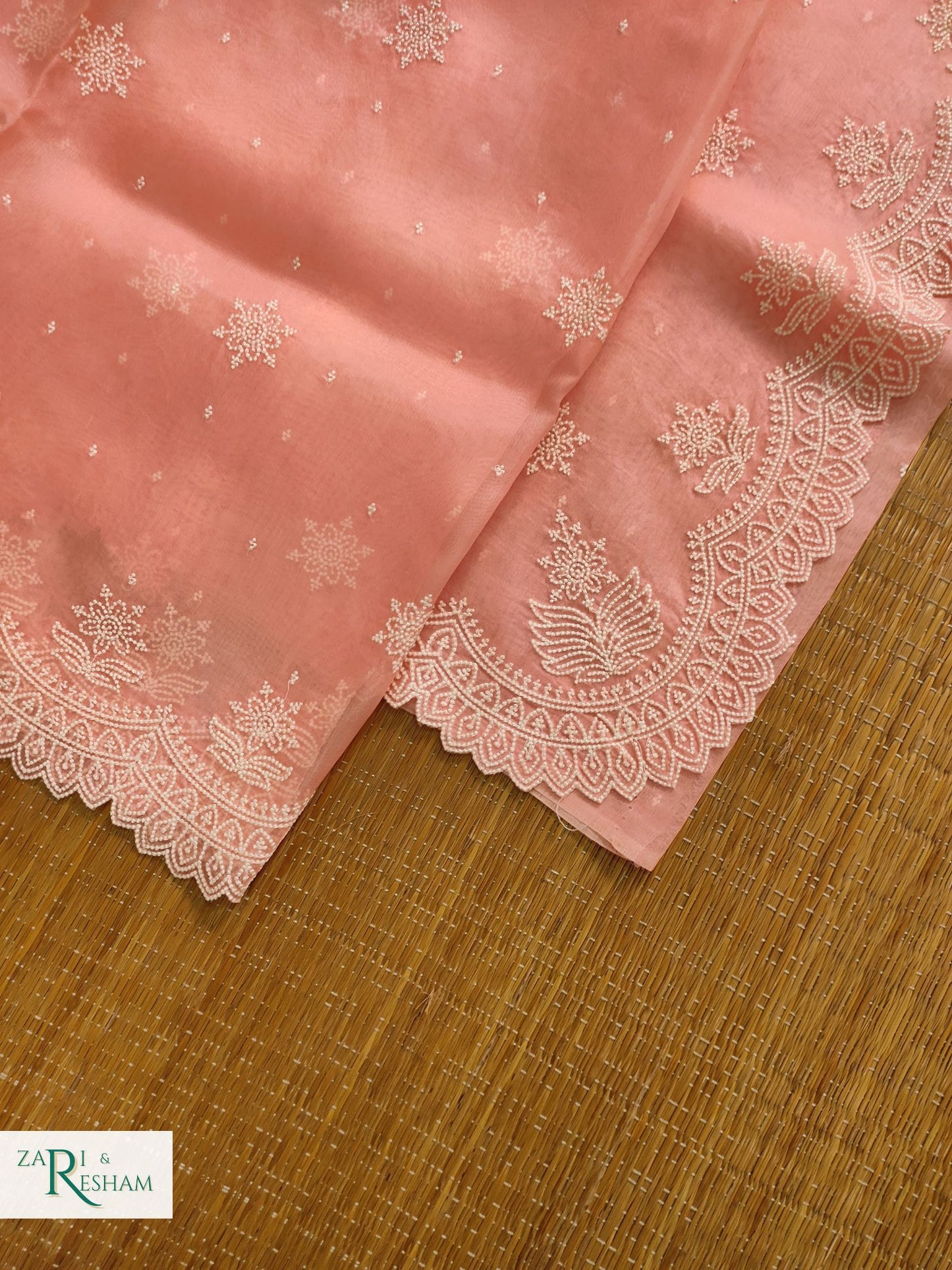 Pure Organza Silk Saree with Pearl Style Scalloped Edging Embroidery Work - Peach