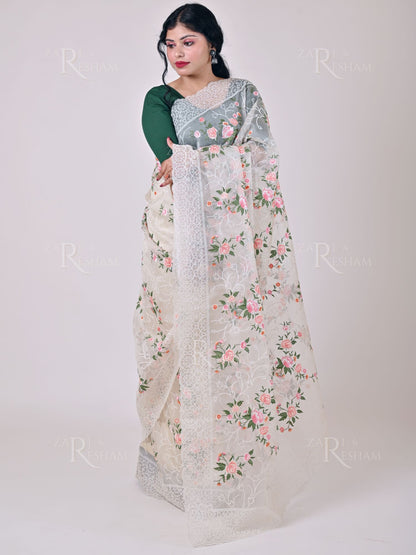 Pure Organza Silk Saree with Pearl and Floral Scalloped Edging Embroidery Work - White