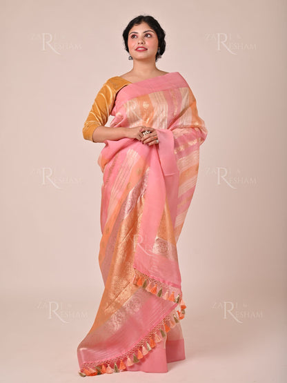 Pure Kora Handloom Kadhuwa Silk Saree with Satin Silk Border in Rangkat Dye - Pink