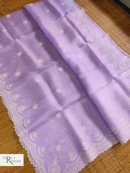 Pure Organza Silk Saree with Pearl Style Scalloped Edging Embroidery Work - Lavender