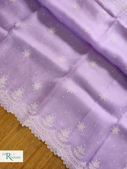 Pure Organza Silk Saree with Pearl Style Scalloped Edging Embroidery Work - Lavender