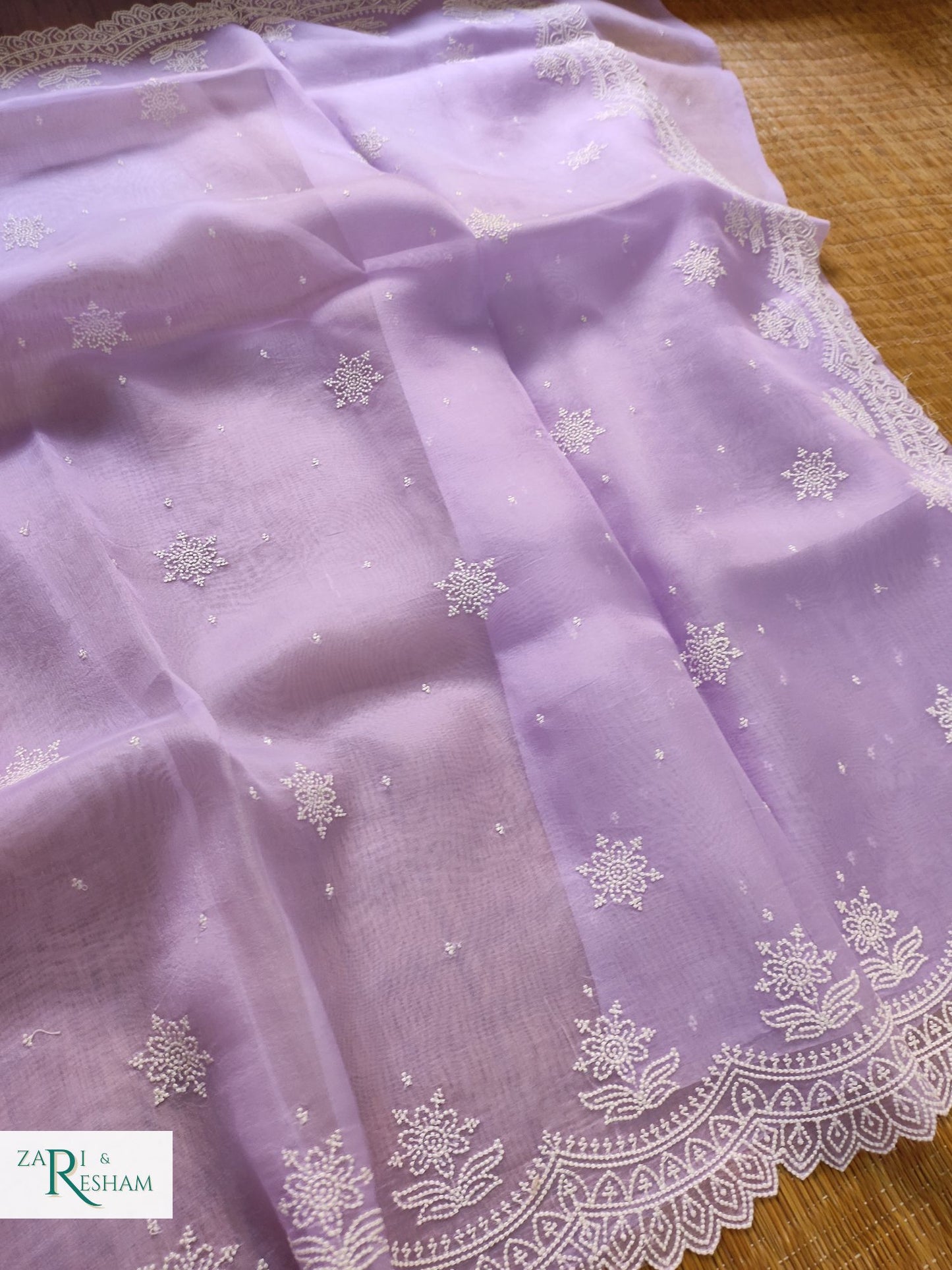 Pure Organza Silk Saree with Pearl Style Scalloped Edging Embroidery Work - Lavender