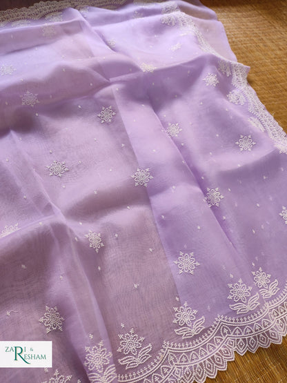 Pure Organza Silk Saree with Pearl Style Scalloped Edging Embroidery Work - Lavender