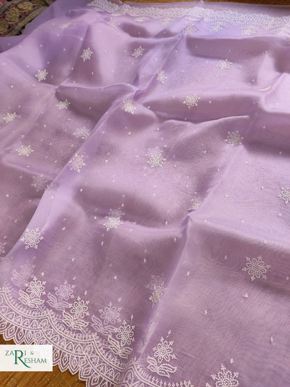 Pure Organza Silk Saree with Pearl Style Scalloped Edging Embroidery Work - Lavender