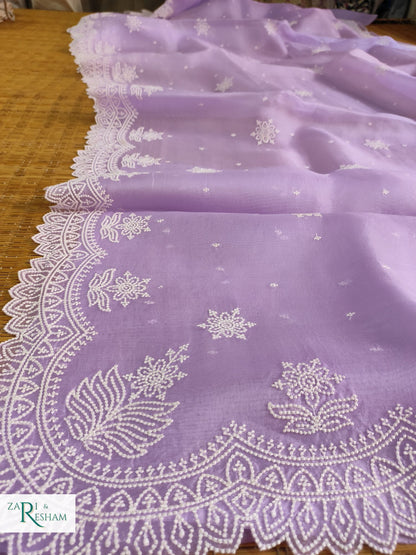 Pure Organza Silk Saree with Pearl Style Scalloped Edging Embroidery Work - Lavender