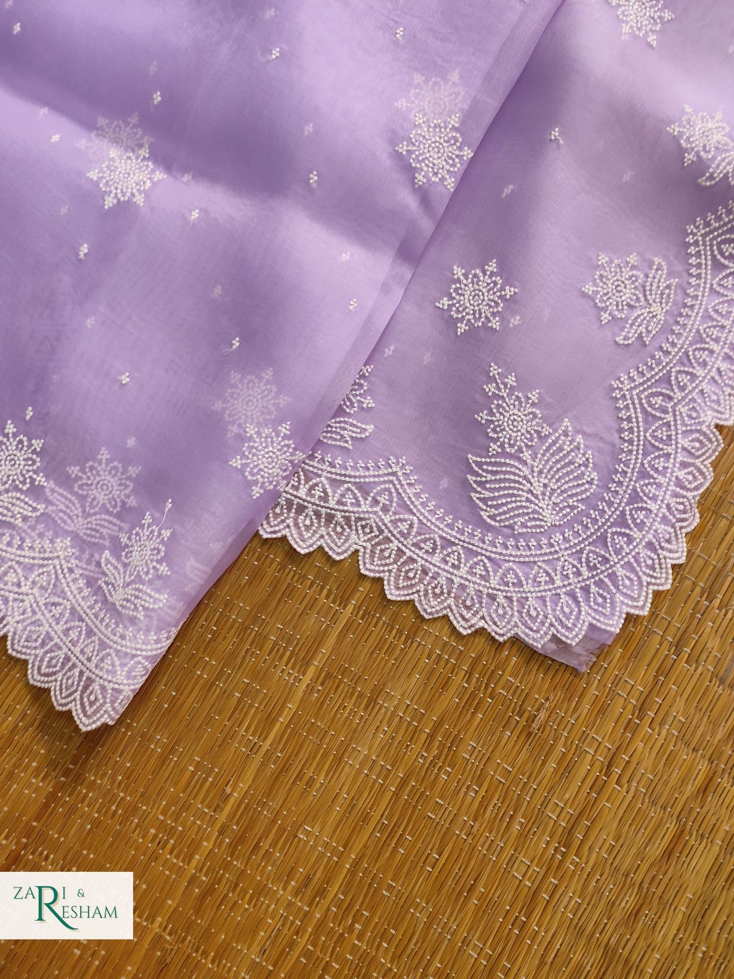 Pure Organza Silk Saree with Pearl Style Scalloped Edging Embroidery Work - Lavender