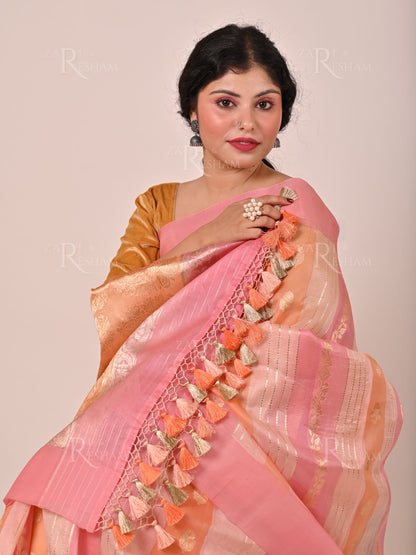 Pure Kora Handloom Kadhuwa Silk Saree with Satin Silk Border in Rangkat Dye - Pink