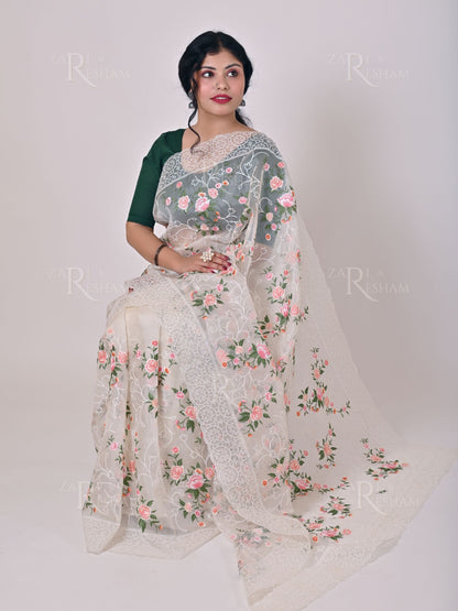 Pure Organza Silk Saree with Pearl and Floral Scalloped Edging Embroidery Work - White