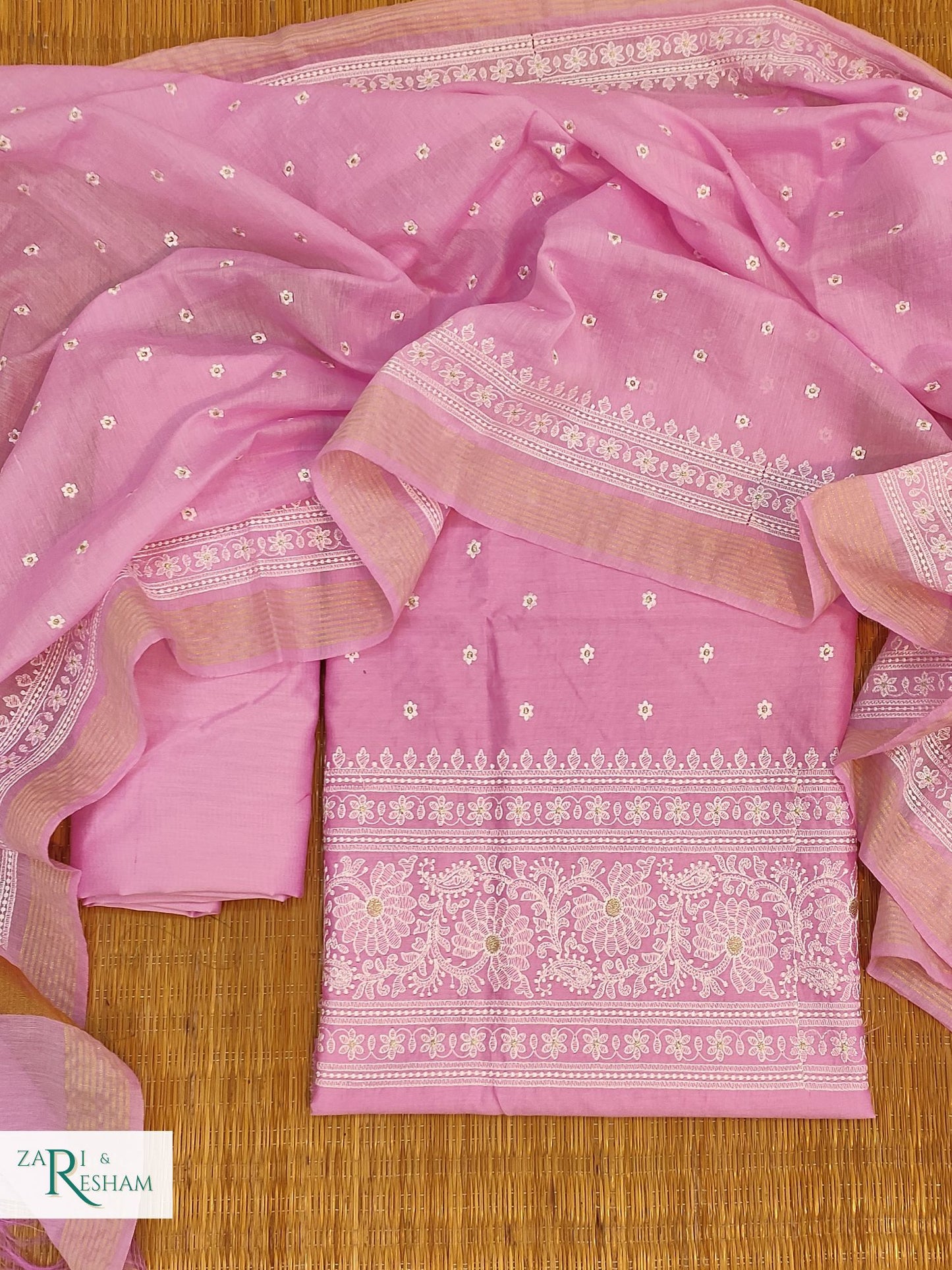 Pure Chanderi Silk Suit with Floral Embroidery Work - Pink