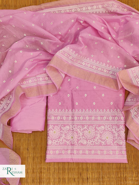 Pure Chanderi Silk Suit with Floral Embroidery Work - Pink