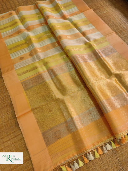 Pure Kora Handloom Kadhuwa Silk Saree with Satin Silk Border in Rangkat Dye - Peach