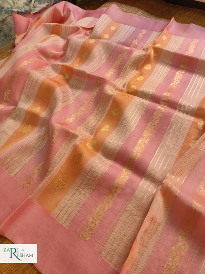 Pure Kora Handloom Kadhuwa Silk Saree with Satin Silk Border in Rangkat Dye - Pink