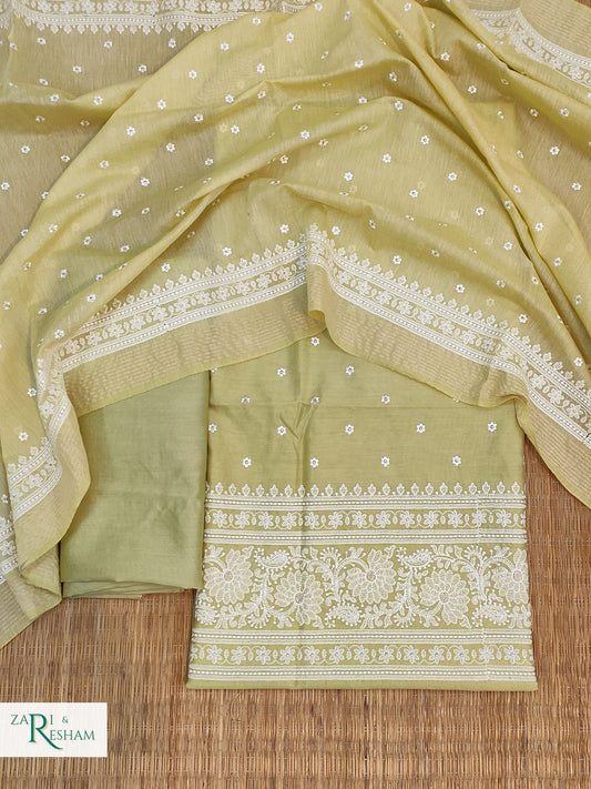 Pure Chanderi Silk Suit with Floral Embroidery Work - Pista Green