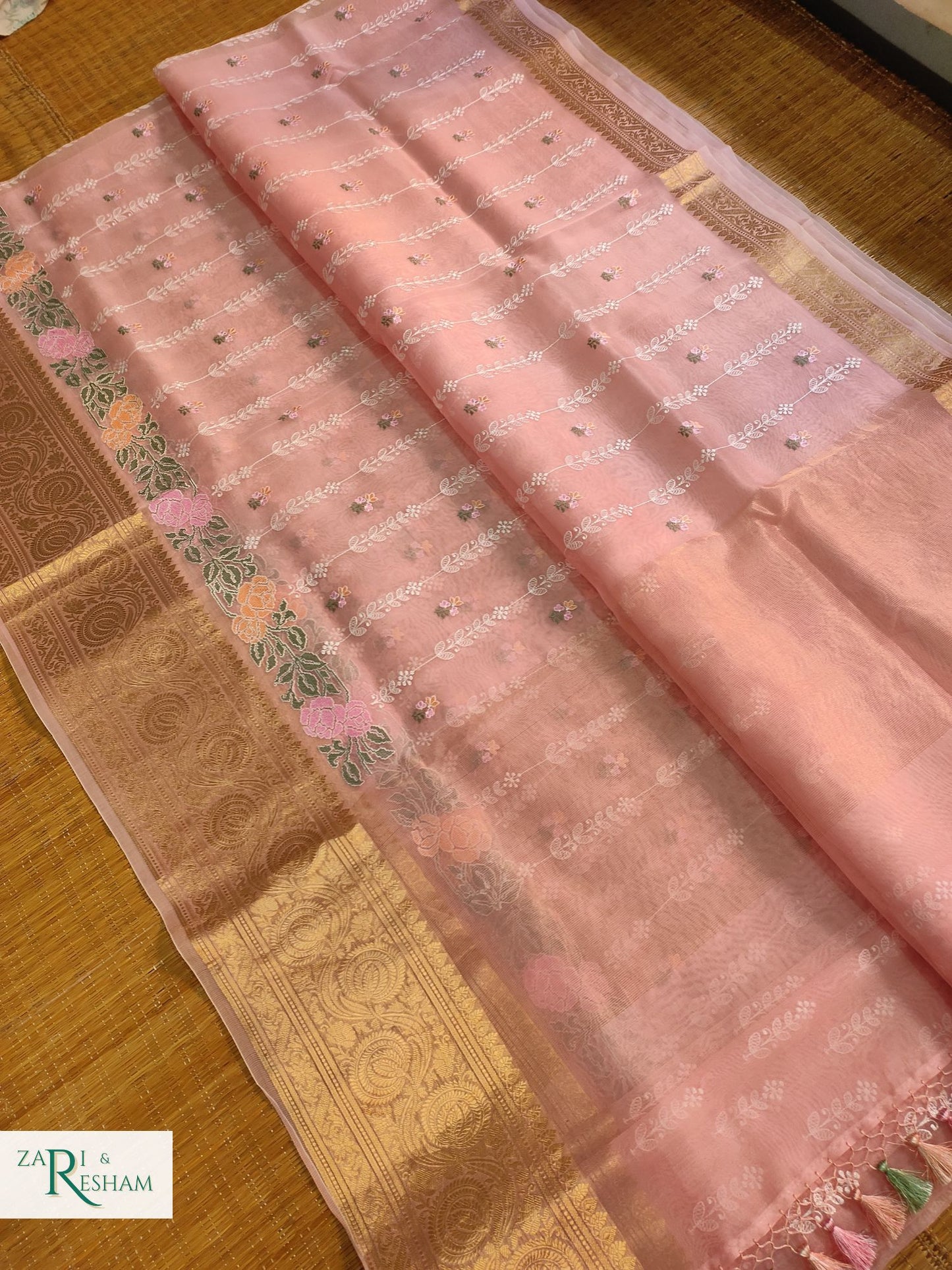 Pure Organza Silk Saree with Banarasi Border Floral CrossStitch Embroidery Work - Peach