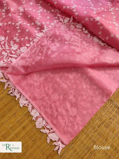 Pure Organza Silk Saree with Floral Jaal Scalloped Edging Embroidery Work and Abla Mirror Work - Pink