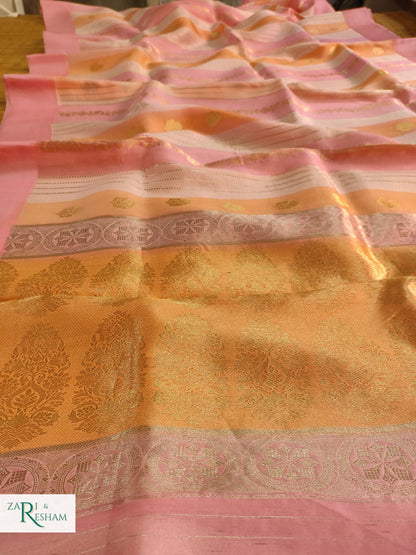 Pure Kora Handloom Kadhuwa Silk Saree with Satin Silk Border in Rangkat Dye - Pink