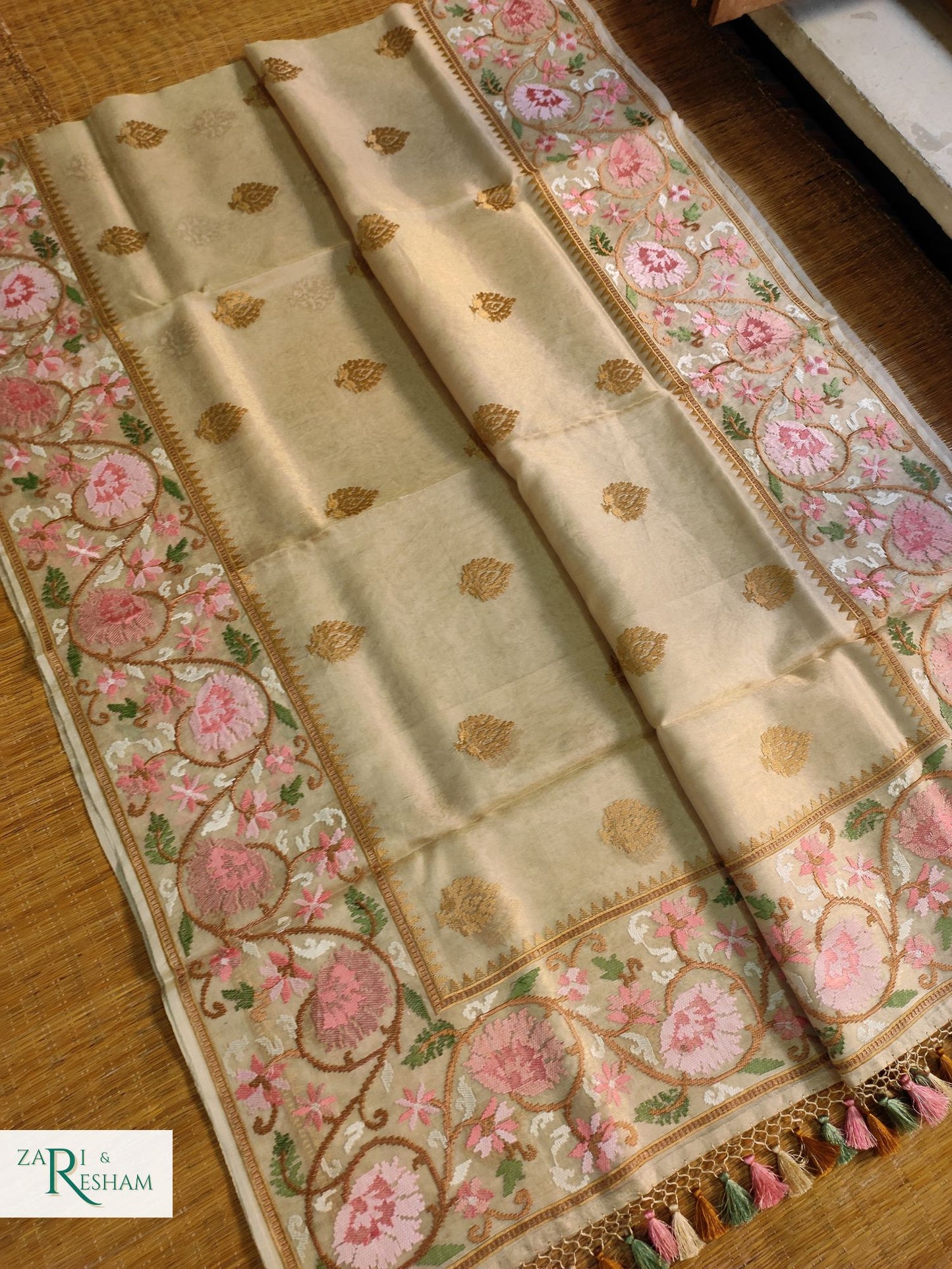 Pure Tissue Silk Saree with Floral Mina Embroidery Work - Gold (Natural)