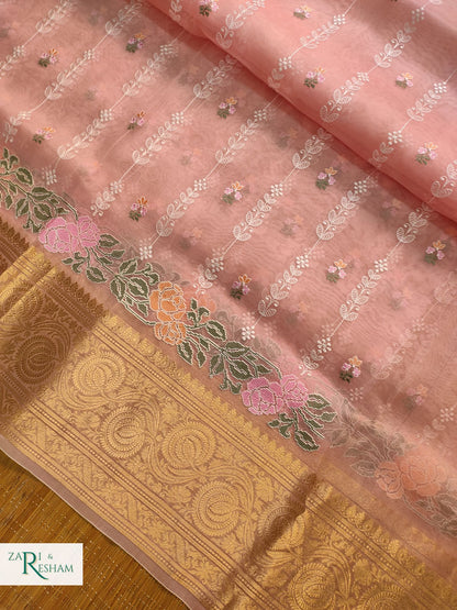 Pure Organza Silk Saree with Banarasi Border Floral CrossStitch Embroidery Work - Peach