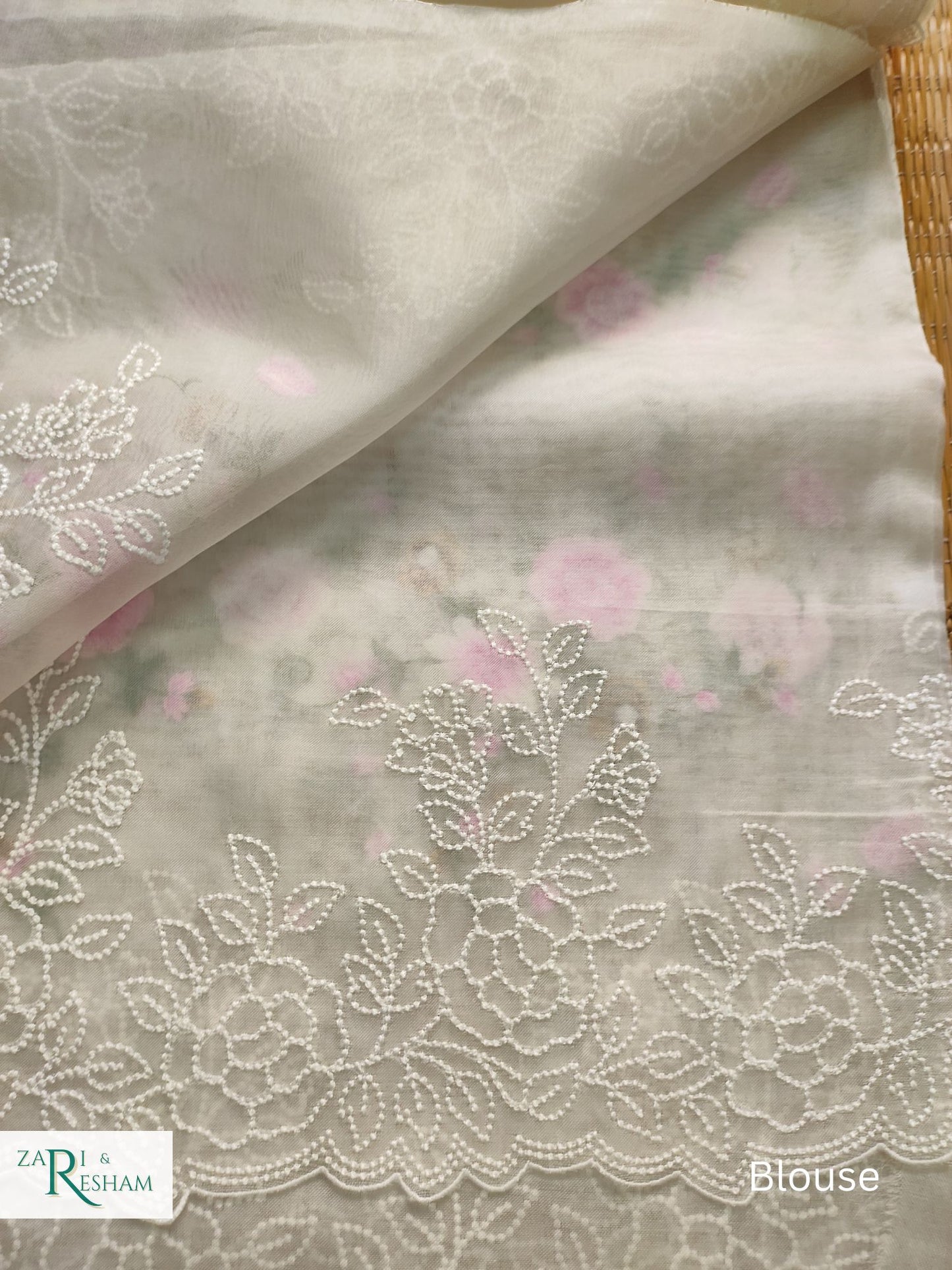 Pure Organza Silk Saree with Floral Jaal and Pearl Embroidery Work with Scalloped Edges - White