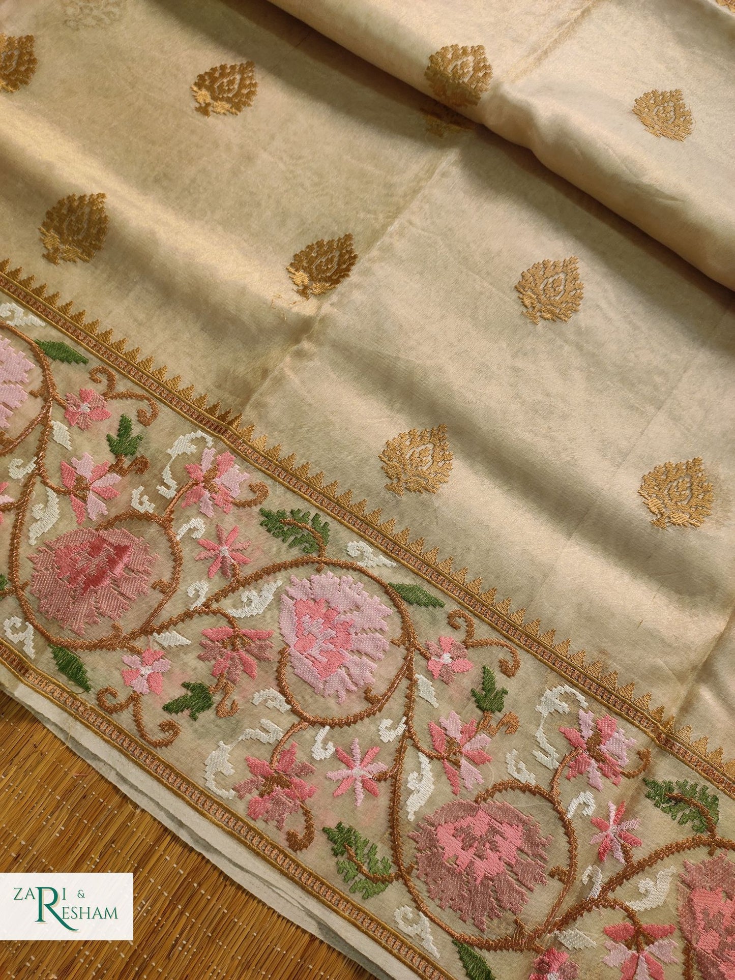 Pure Tissue Silk Saree with Floral Mina Embroidery Work - Gold (Natural)