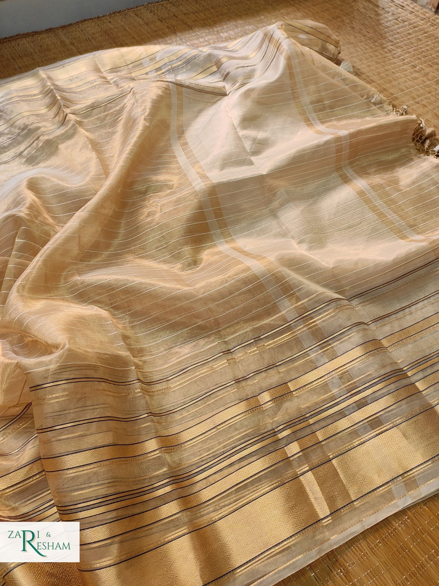 Pure Tissue Silk Sarees with Chinya Stripes - Gold (Natural)