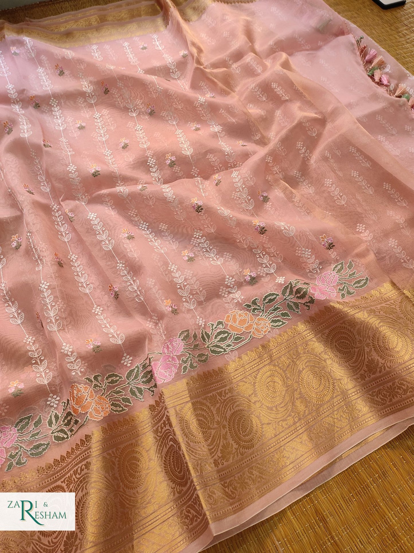 Pure Organza Silk Saree with Banarasi Border Floral CrossStitch Embroidery Work - Peach