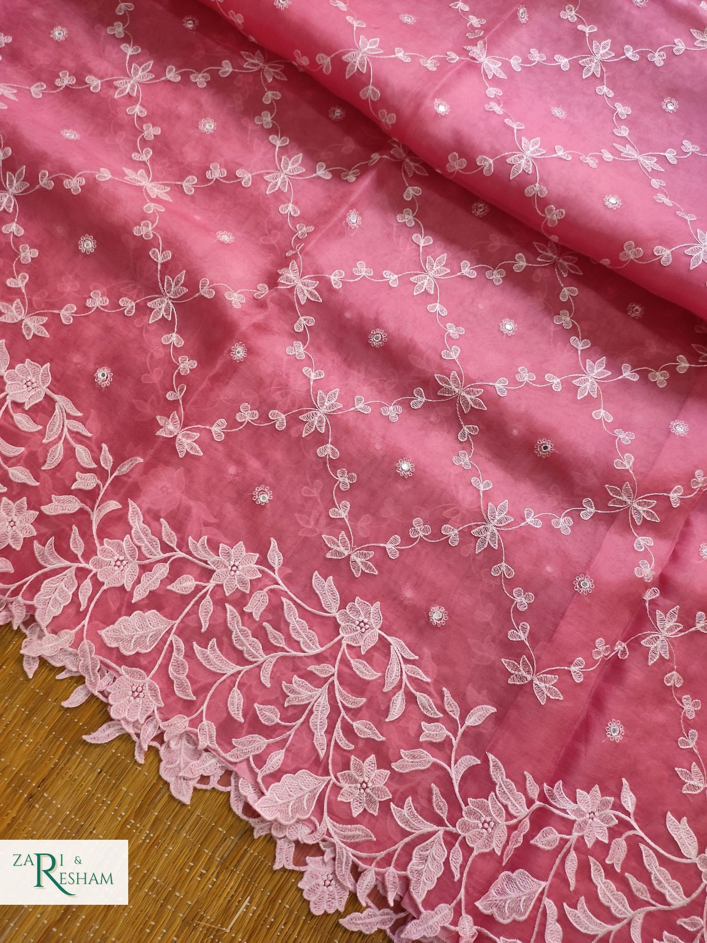 Pure Organza Silk Saree with Floral Jaal Scalloped Edging Embroidery Work and Abla Mirror Work - Pink