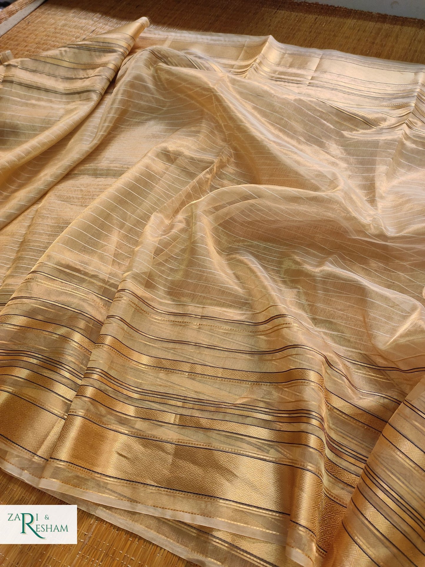 Pure Tissue Silk Sarees with Chinya Stripes - Gold (Natural)