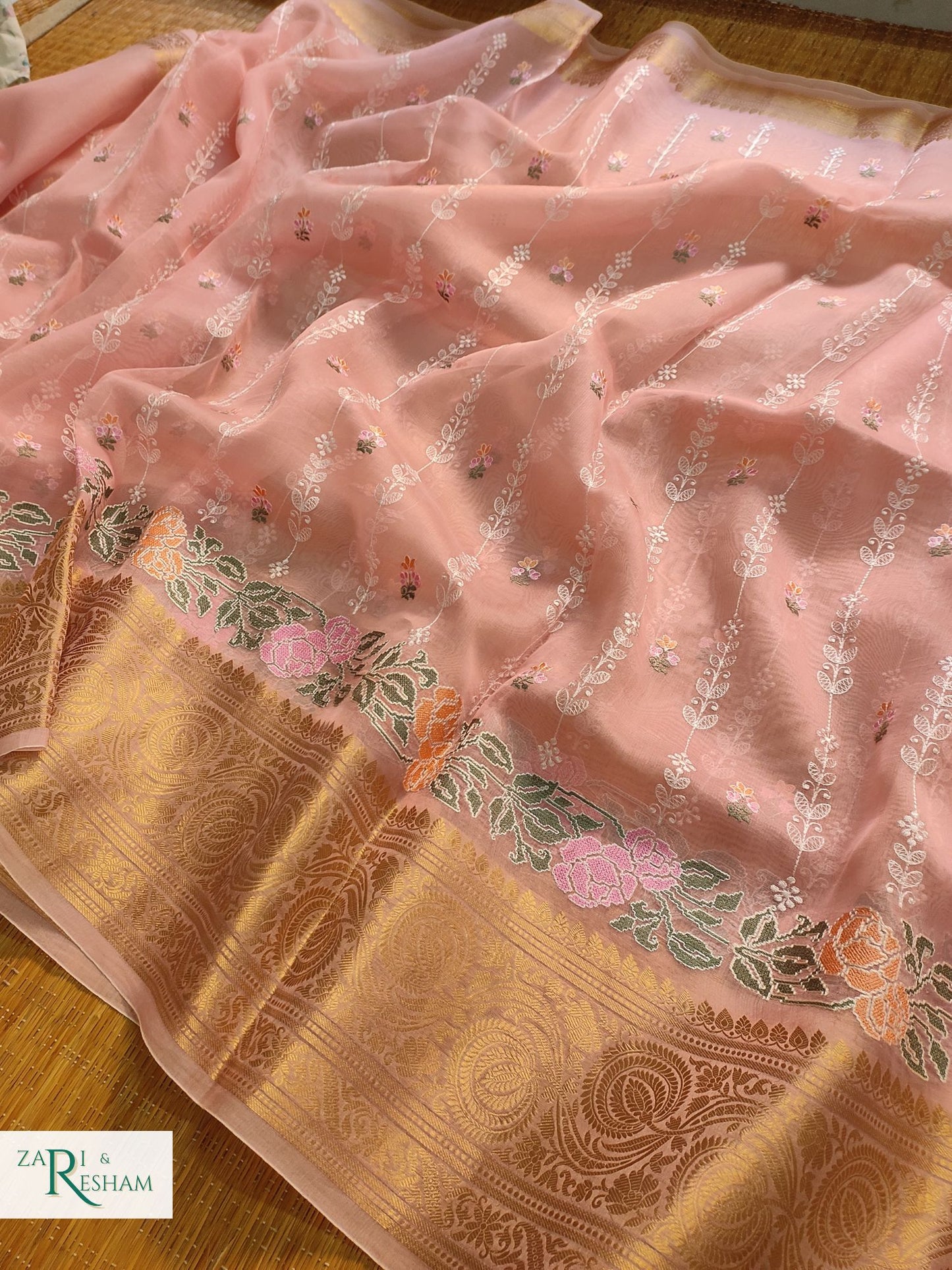 Pure Organza Silk Saree with Banarasi Border Floral CrossStitch Embroidery Work - Peach