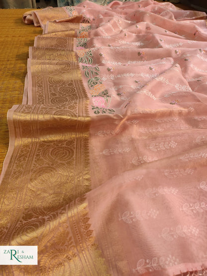 Pure Organza Silk Saree with Banarasi Border Floral CrossStitch Embroidery Work - Peach