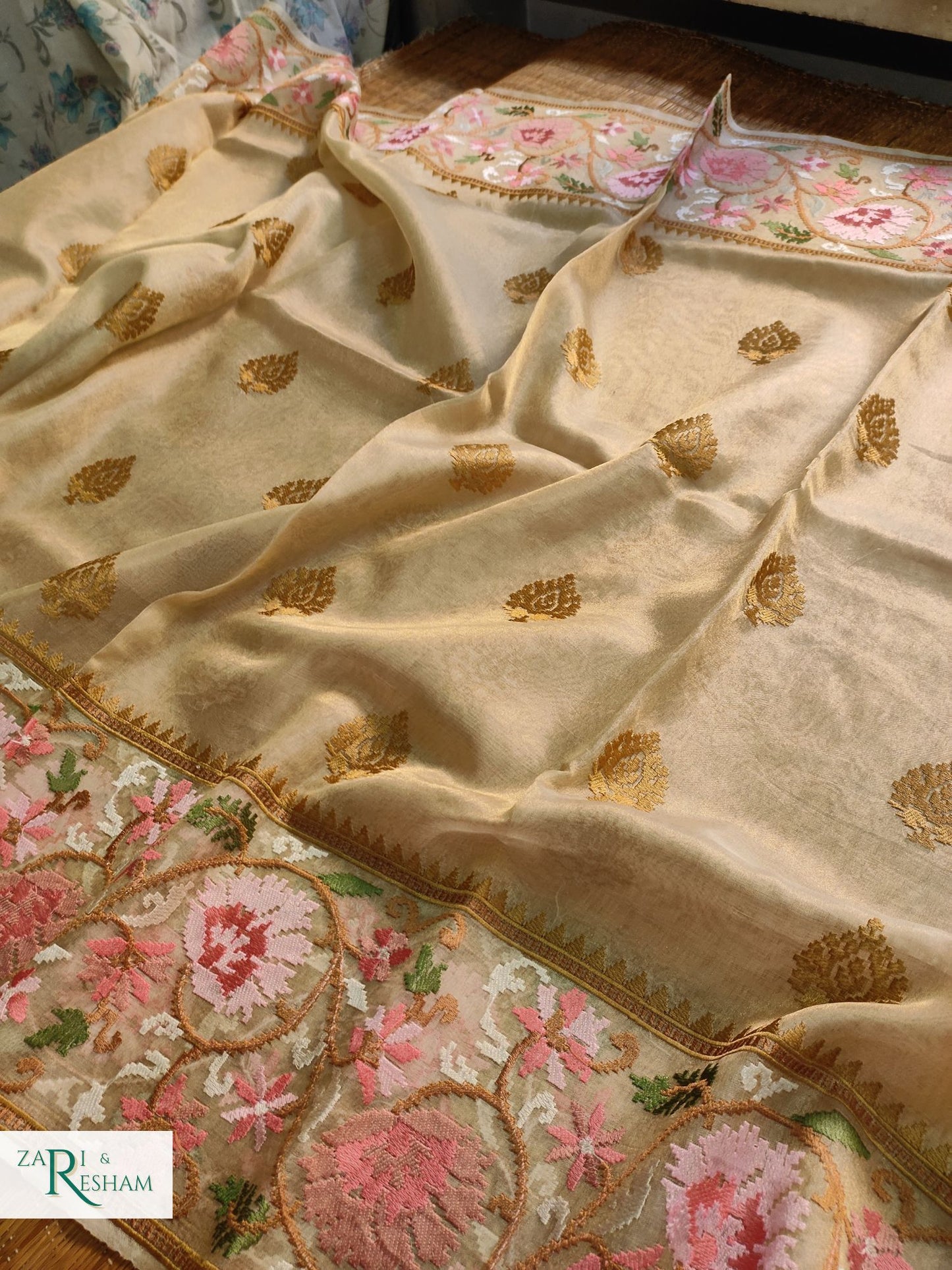 Pure Tissue Silk Saree with Floral Mina Embroidery Work - Gold (Natural)