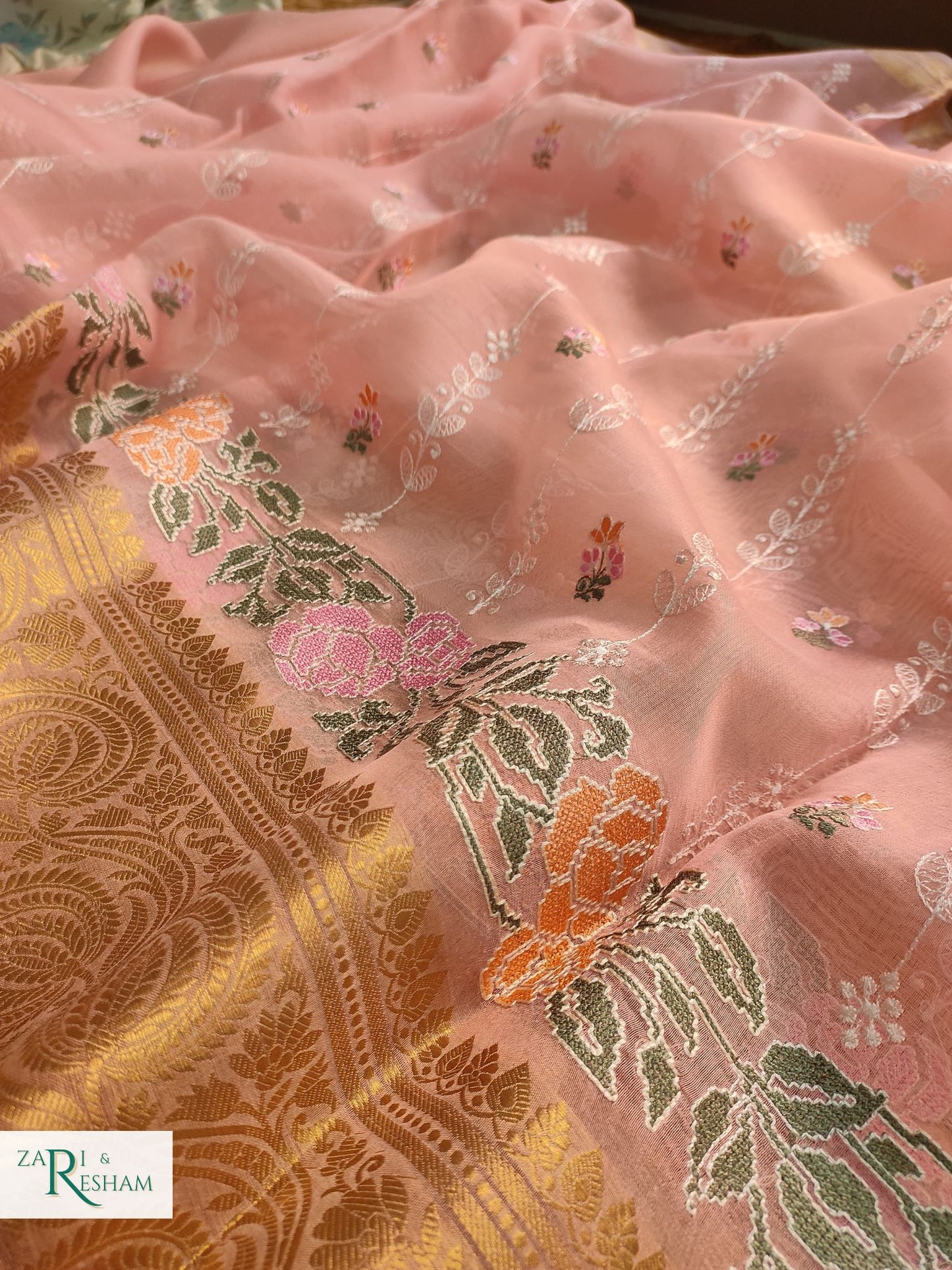 Pure Organza Silk Saree with Banarasi Border Floral CrossStitch Embroidery Work - Peach