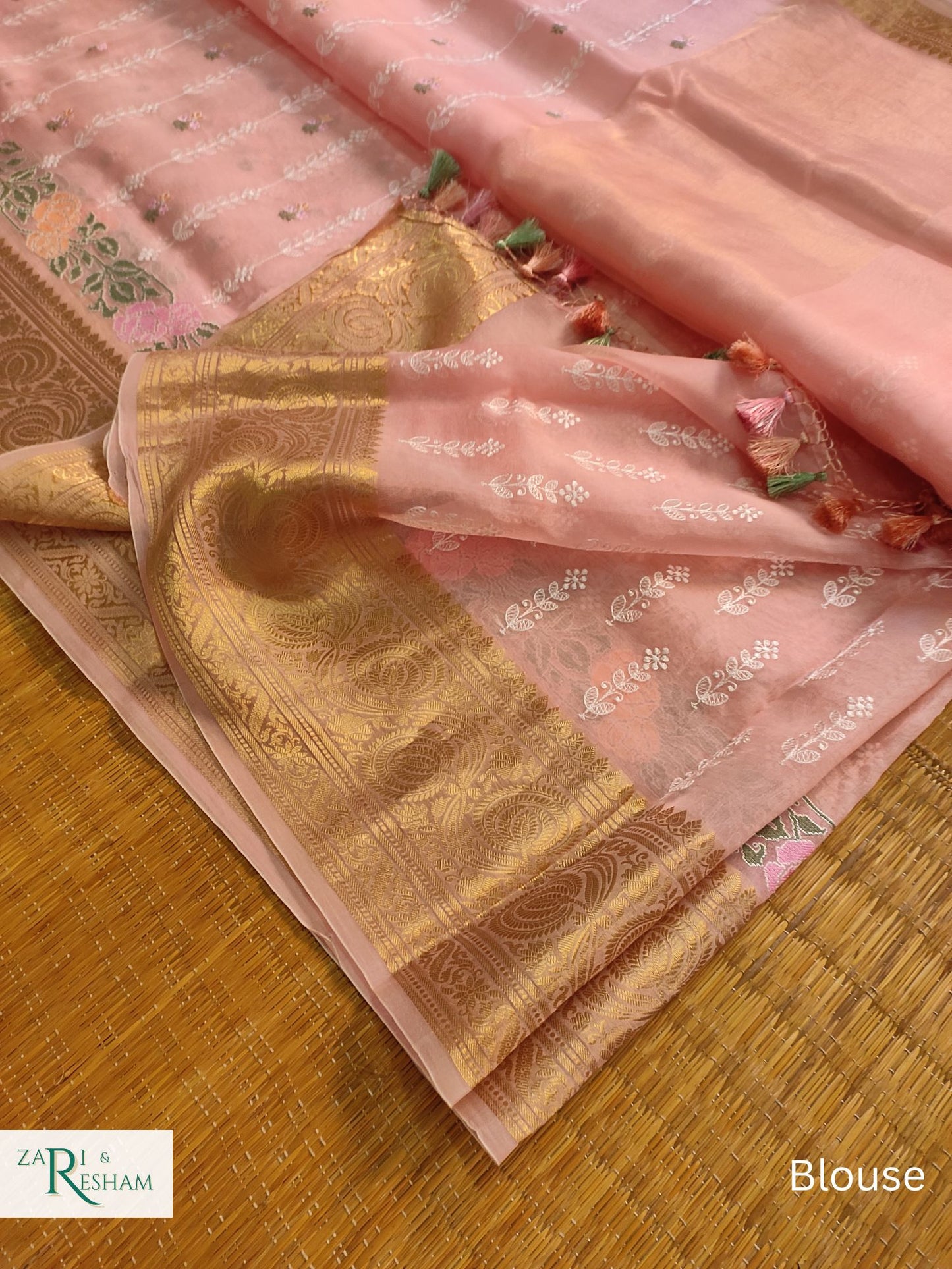 Pure Organza Silk Saree with Banarasi Border Floral CrossStitch Embroidery Work - Peach