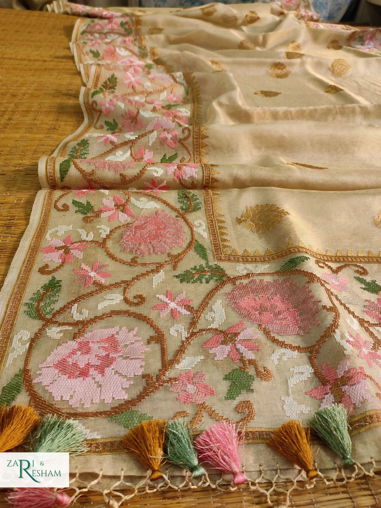 Pure Tissue Silk Saree with Floral Mina Embroidery Work - Gold (Natural)