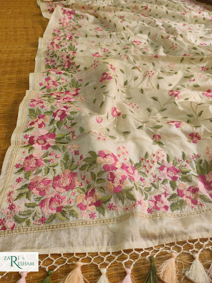 Pure Banarasi Tusser Silk Saree with Floral Embroidery Work - Ivory (Natural)