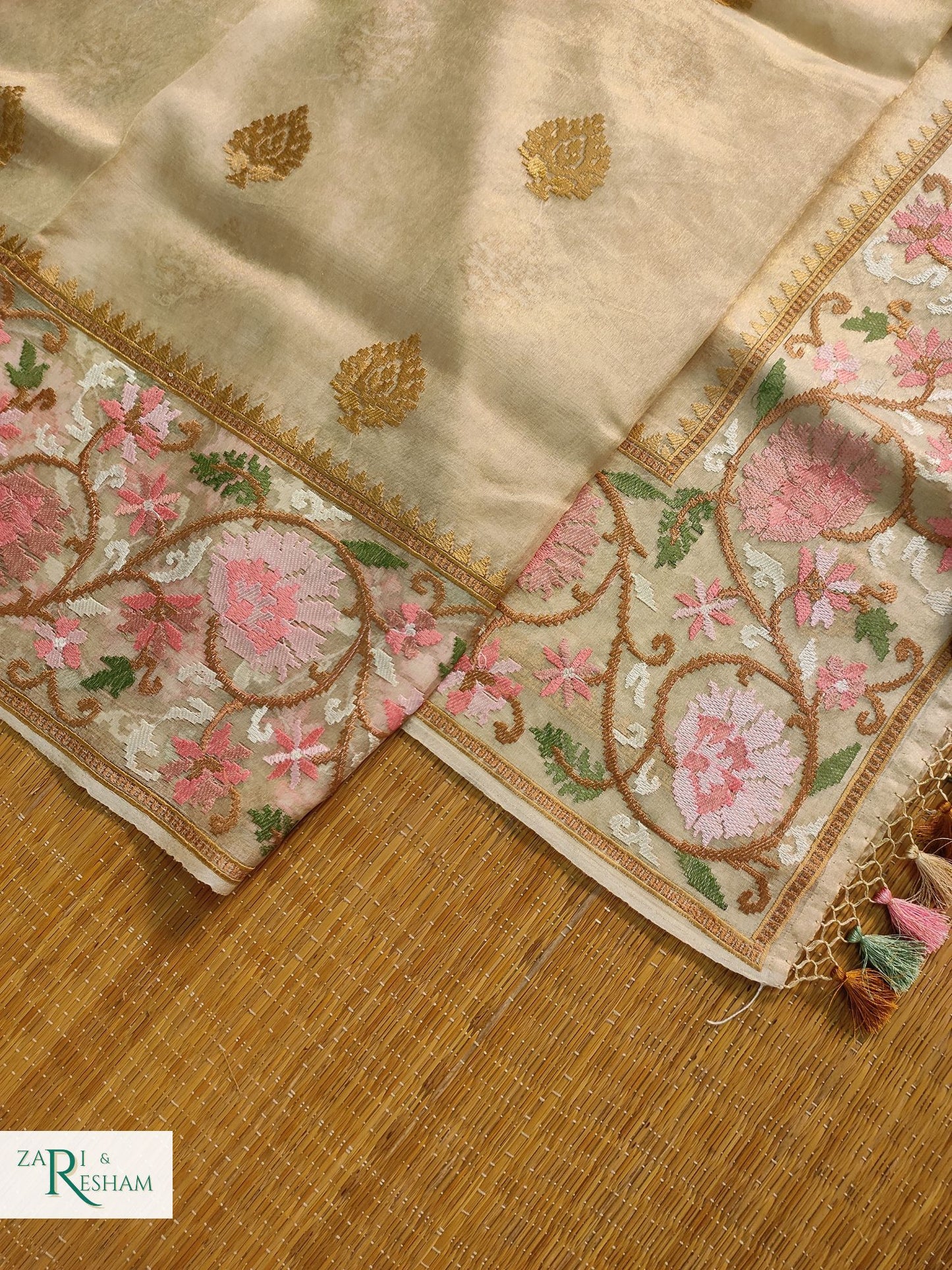 Pure Tissue Silk Saree with Floral Mina Embroidery Work - Gold (Natural)